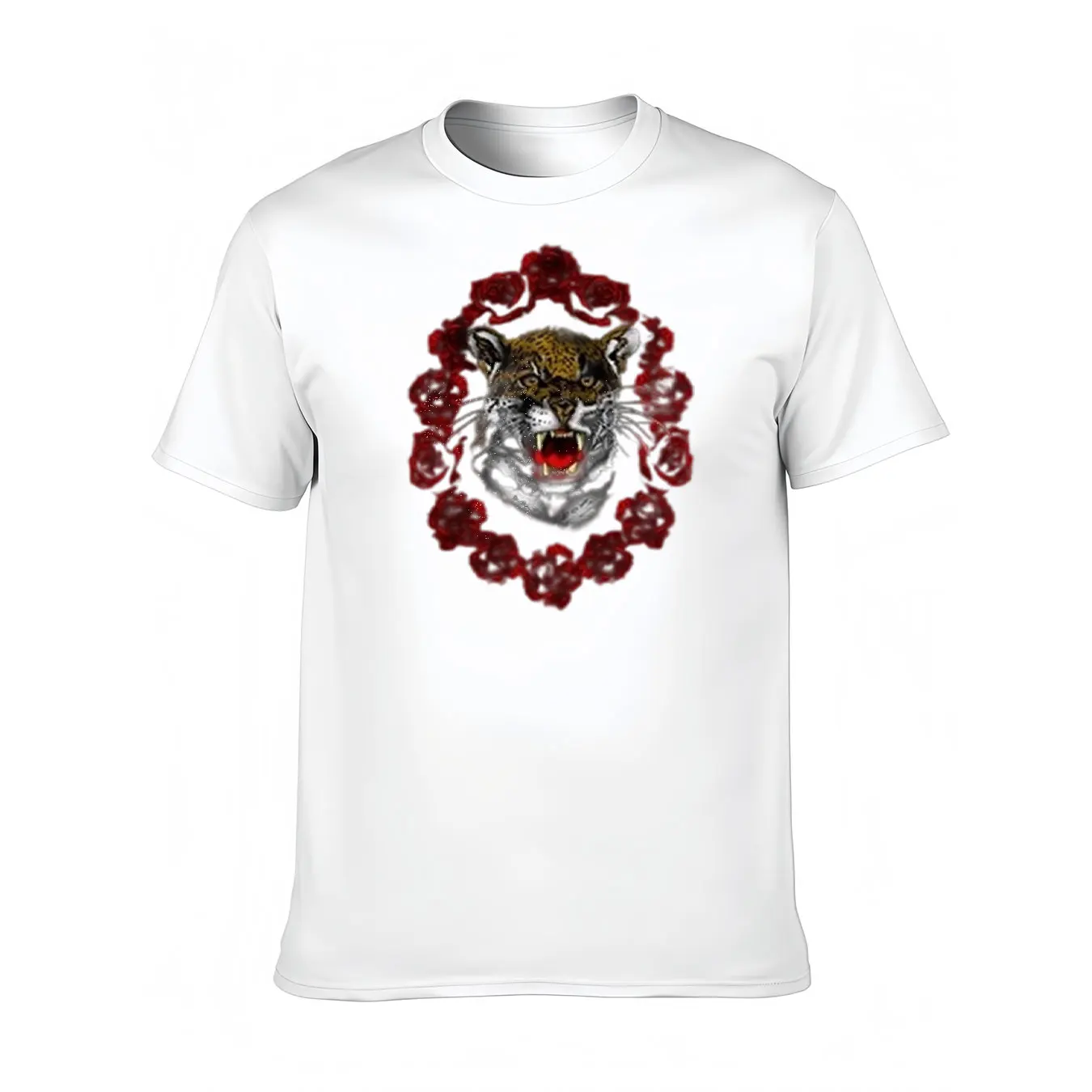 

Men's Soft Cotton Tee With Roaring Tiger And Rose Print, Comfortable Casual Shirt For Outdoor Activities, Christmas Gift