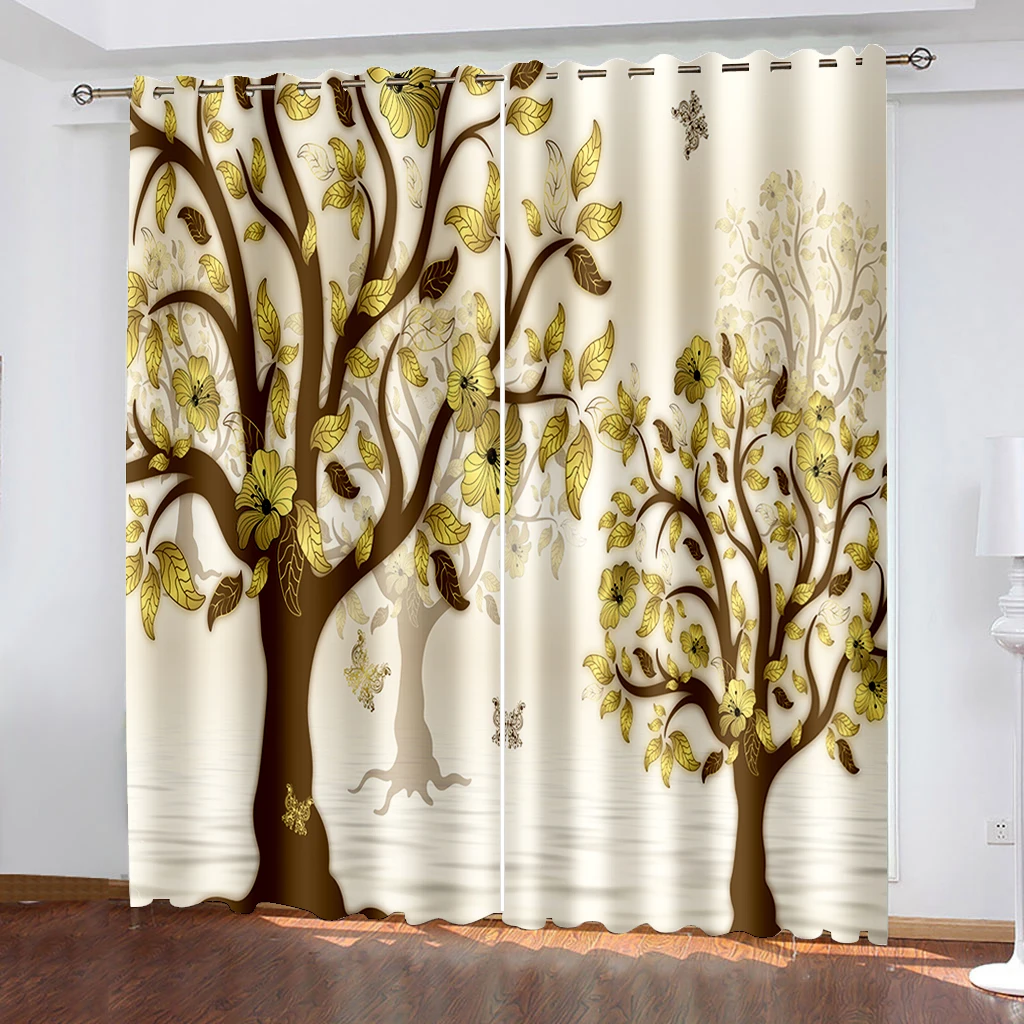 

3D Curtain Printing Blockout Polyester Photo Drapes Fabric gold tree curtains 3D Curtains For Living room