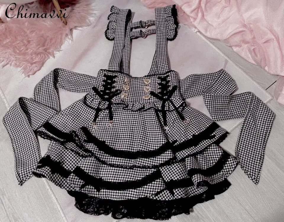 

Japanese Mine Series Lolita Two-color High Waist High Frilly Skirt Sweet Girl Liz Lolita Kawaii Cake Strap Skirt for Women