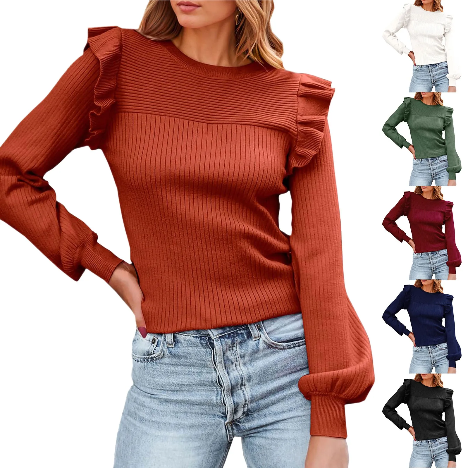 Ladies Ruffles Shoulder Length Long Sleeves Sweater Round Neck Slim Fit Autumn Rib Knit Women's Pullover Sweaters outerwears