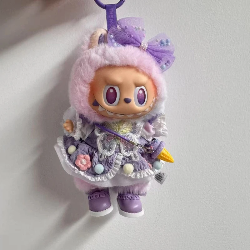 Solo ropa para Labubu V3.0, colgante de caja ciega de felpa de vinilo frontal de alta energía, falda de ropa de bebé de Hada de mariposa púrpura de la suerte