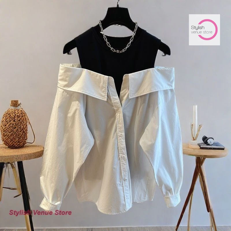 

Spring and Autumn New Large-size Off-the-Shoulder Fashion Trend Women's Loose Long-sleeved Shirts Wear Casual Two-piece Jackets