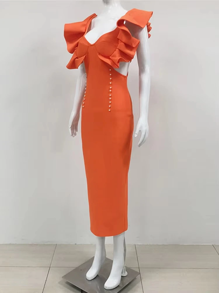 Vrouwen Sexy V-hals Uitgesneden Oranje Ruches Midi Bodycon Bandage Jurk 2024 Celebrity Elegante Avond Club Party Dress