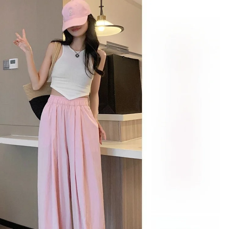 Pantalon à jambes larges en coton et lin pour femmes, été, soie glacée fine, Protection solaire, taille haute, Texture plissée, drapé, pantalon Sengben rose décontracté