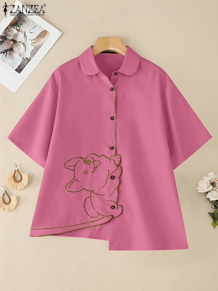 

ZANZEA Women Oversize Asymmetric Shirts Korean Fashion Casual Drop-Shoulder Short Sleeve Collared Chemise Cartoon Dog Pattern