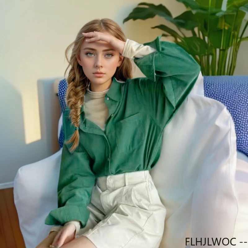 

Retro Corduroy Shirt Boyfriend Design Outerwear Women Autumn Winter Korean-Style Vintage Hong Kong Casual Simple Solid Green Top