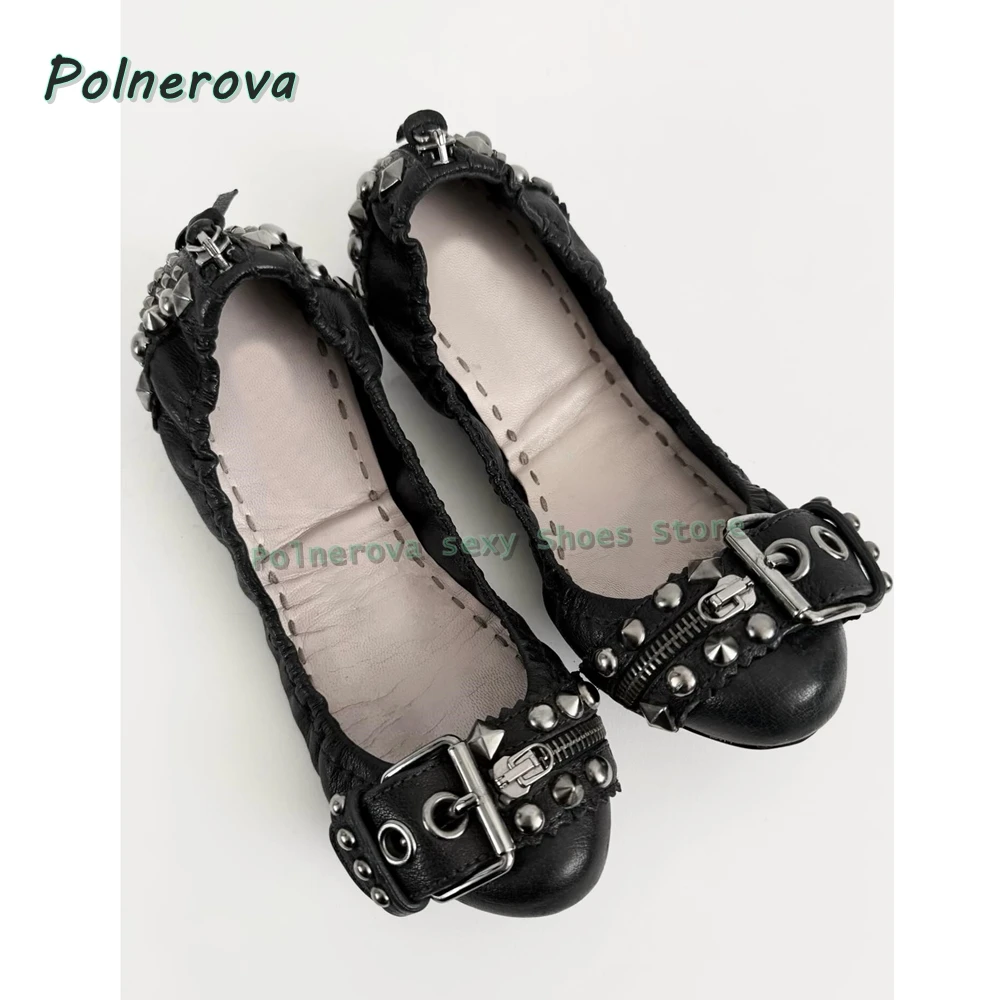 Sapatos Mary Jane com Fivela de Rebite e Bico Fino, Sapatilhas com Zíper Decorativo, Sapatos Femininos da Moda Primavera Verão 2026