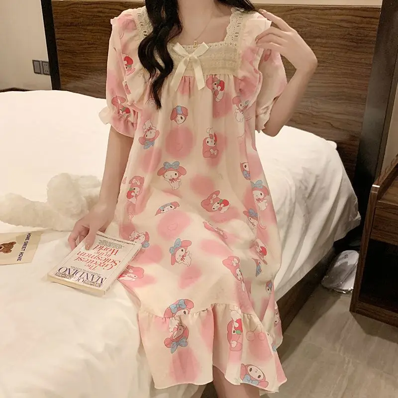 

Sanrio My Melody Sleep Nightdress for Ladies Summer Pajamas Dress Long Dresses Negligee Short Sleeve Sleeping Skirt Home Wear