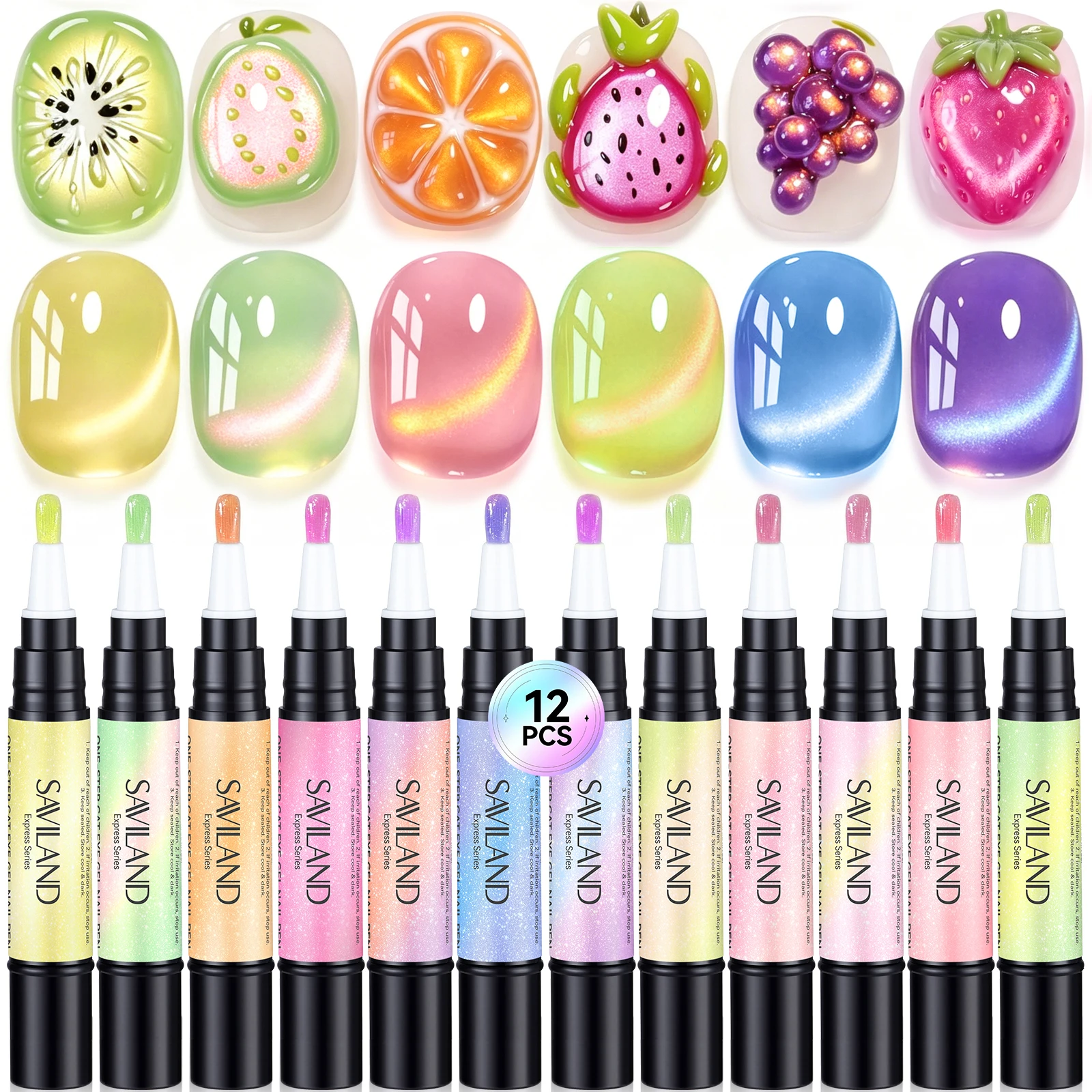 SAVILAND One Step Gel Polish Pen Set 12 Colours Jelly Cat Eye 3in1 Base Top Coat Manicure Nail Art DIY Salon Home Use 4ml UV LED