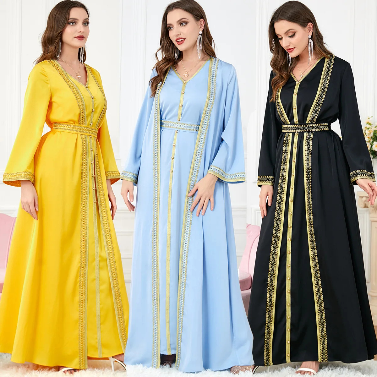 Eid Ramadan Morocco Muslim Women Dress Abaya 2 Piece Set Kaftan V-Neck Maxi Long Sleeve Arabic Turkey Dubai Luxury Evening Robe