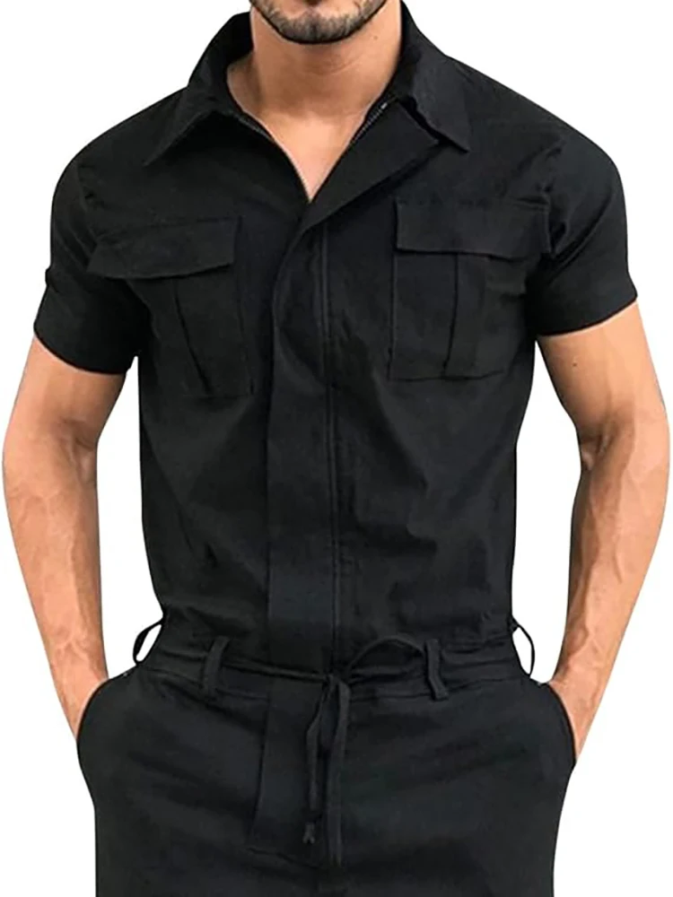 

Antakodo Lightweight Men's Short-Sleeve Work Jumpsuit with Elastic Waistband, Single-Breasted, Black Outdoor Casual Jumpsuit