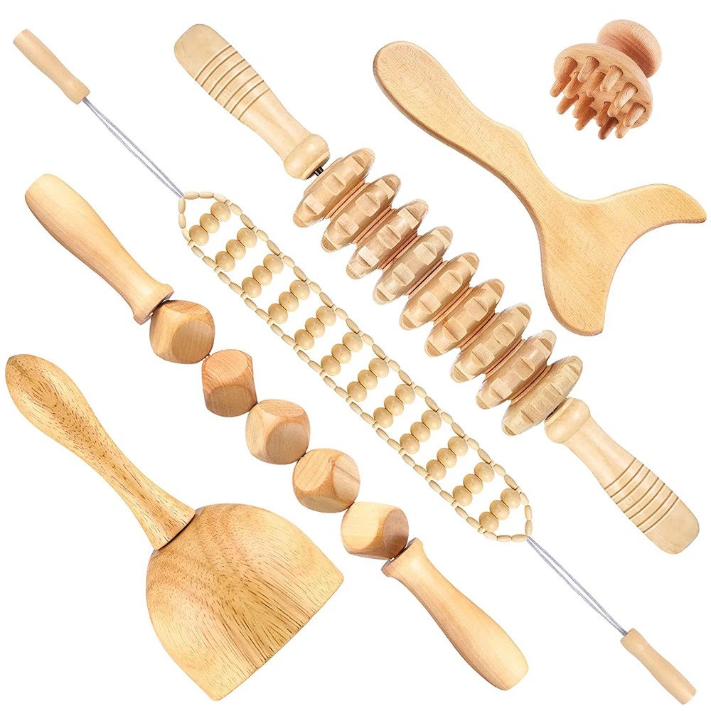 6 Pieces Wooden Gua Sha Massager Anti Cellulite Massage Roller Handheld Blasters Wooden Cube Massager Body Muscle Relaxation