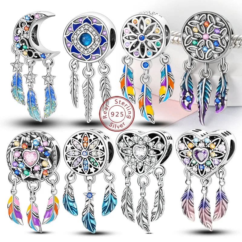 Oryginalne 925 Sterling Silver Charms koraliki wisiorki kolorowe łapacz snów talizmany Fit bransoletki naszyjniki kobiety DIY biżuteria