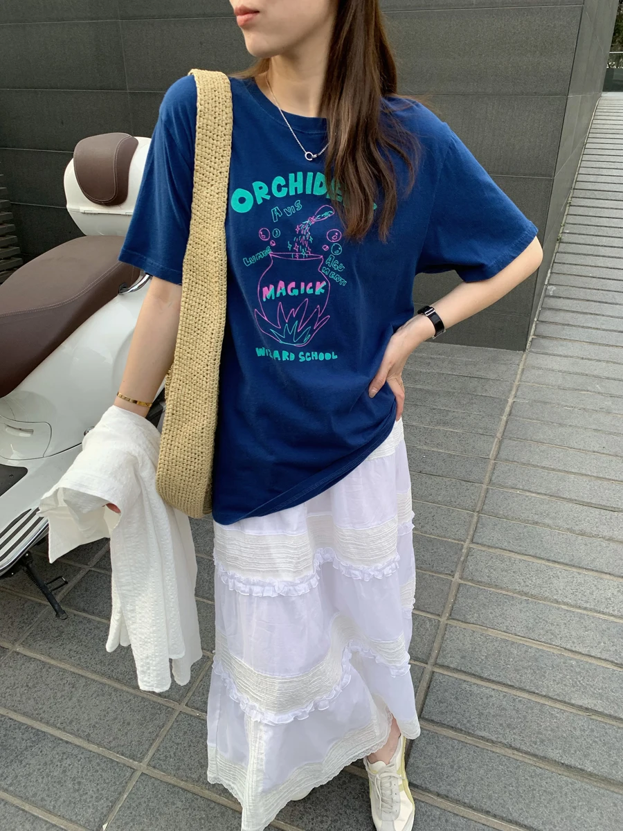 

Легкая хлопковая футболка Landbeige с коротким рукавом, женская универсальная дышащая футболка с мультяшным принтом, корейский стиль, прямой крой