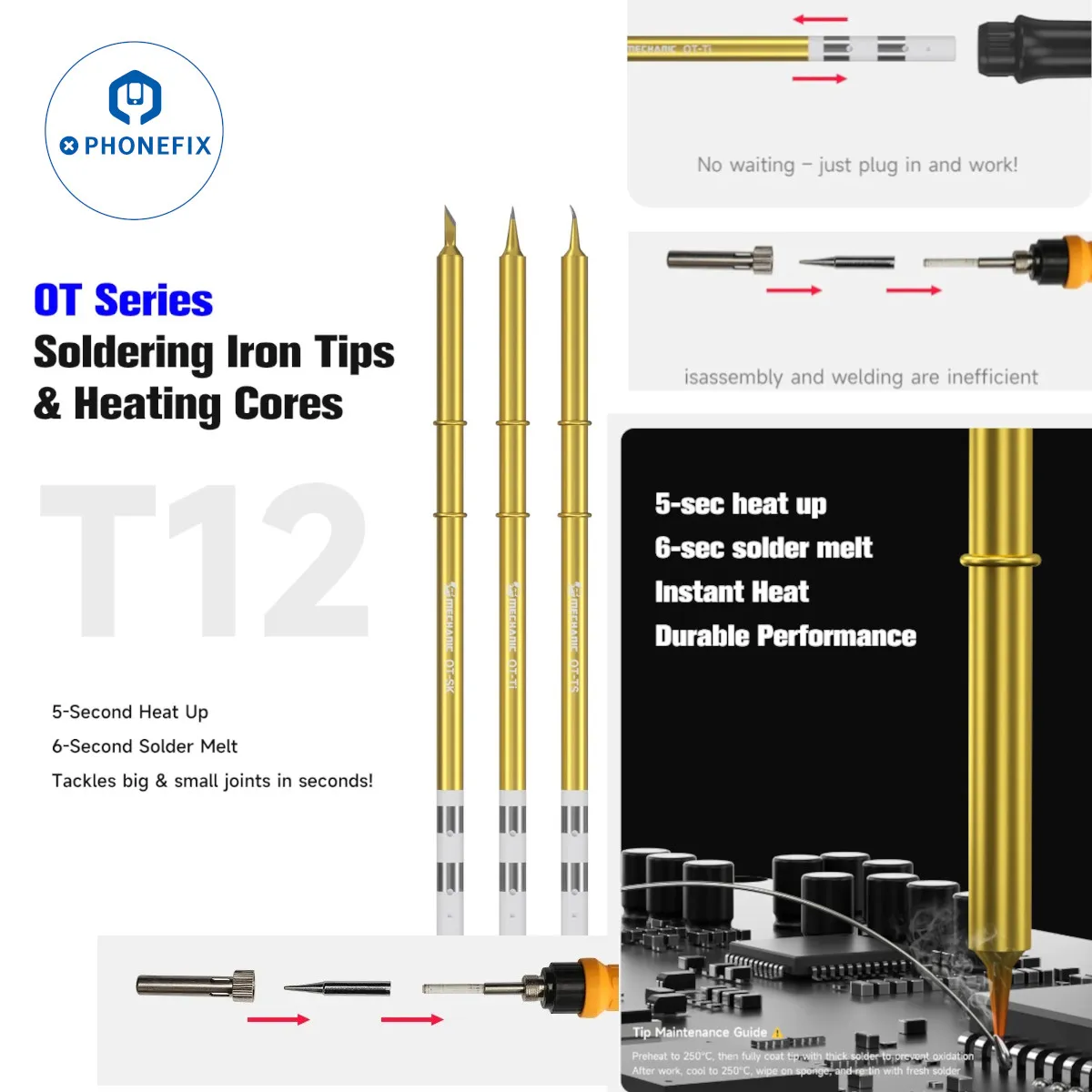 MECHANIC OT Gold Plating Heating Core Soldering Iron Tips Fast Heat-up for Precision PCB Chips Micro-soldering & Bridge Repair