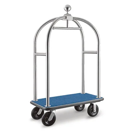 Hotel Stainless Steel Birdcage Luggage Cart Hotel Luggage Cart With Blue Carpet and Silver Finish