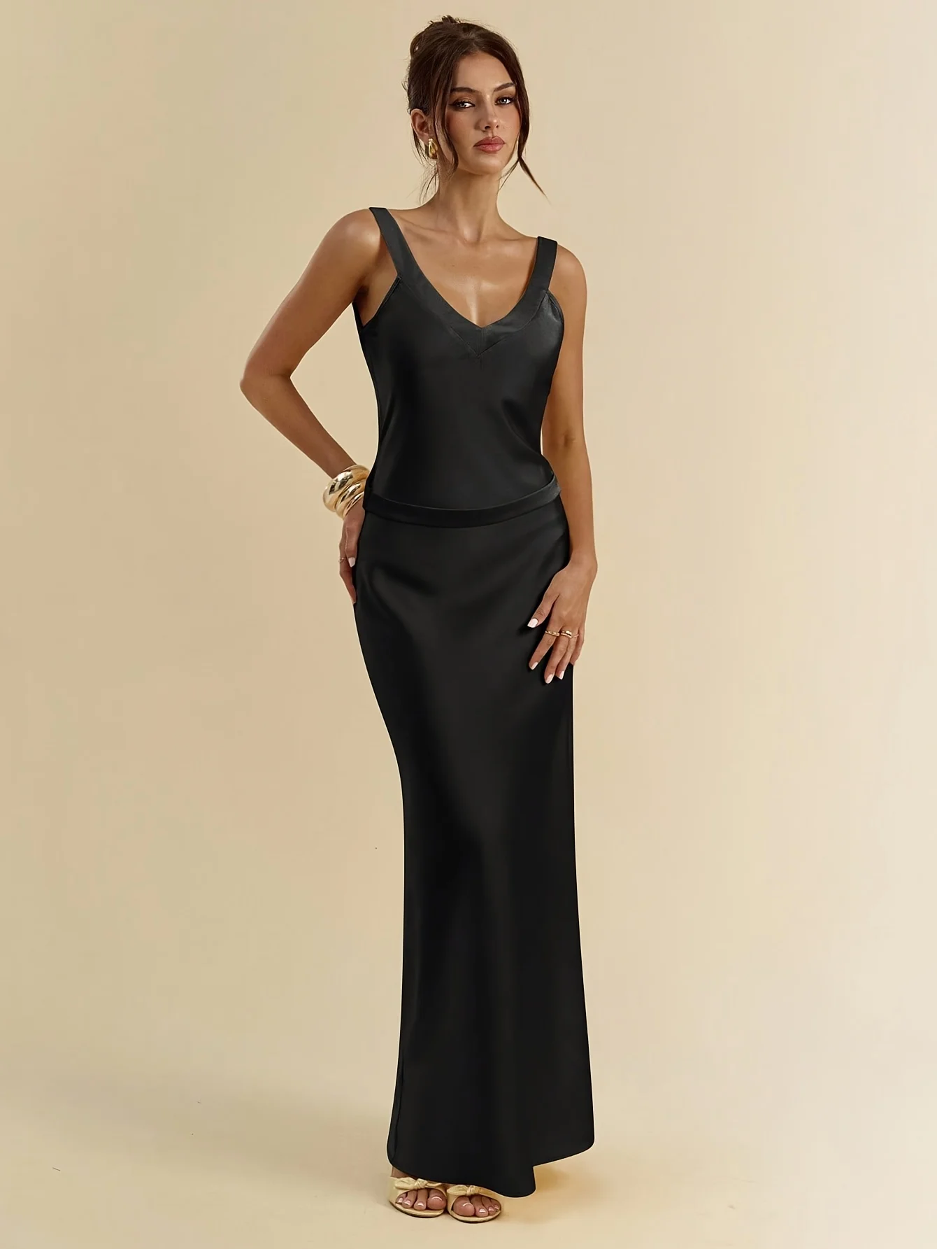 Vestido maxi feminino de cetim preto com decote em V e alça espaguete bodycon formal vestido de festa à noite