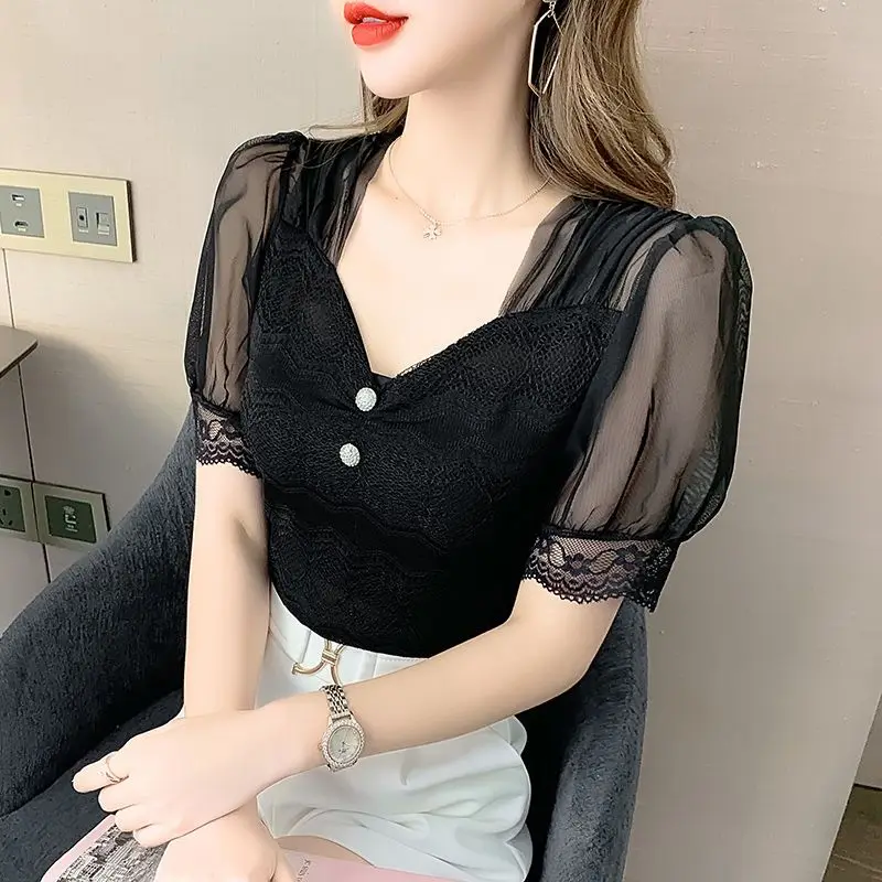 Summer Women\'s Pullover V-Neck Lantern Short Sleeve Lace Patchwork Gauze T-shirt Clothing Office Lady Flattering Korean Tops