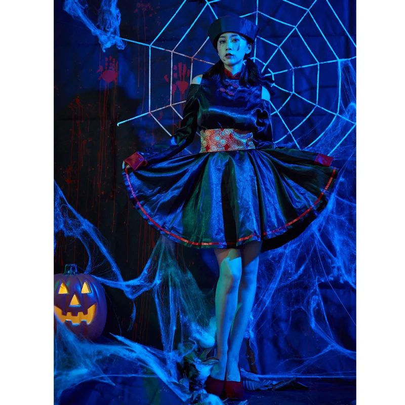 Zombie Vampire Retro Embroidery Print Japanese Halloween Cosplay Zombie Dress With Stickers Included