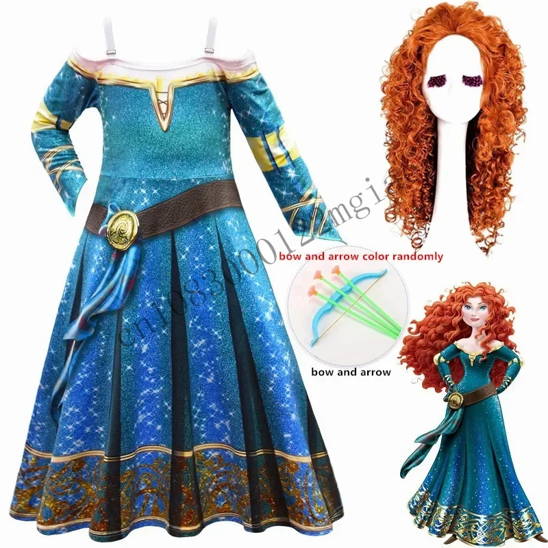 Movie B-Brave M-Merida Costume For Girls Halloween Princess Dress Wig Kids Carnival Fantasia Children Xmas Party Cosplay CMM221