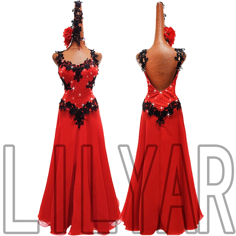 New Modern Dance Performance Dress Waltz Performance Dress Competition Dress Red Long Black Embroidered Dance Dress