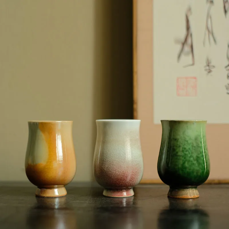 Hand Thrown Stem Scent Cup Wood Fired Kiln Change Glaze Mini Tea Cup Three Color Elegant Lady Kung Fu Tea Tasting Cup