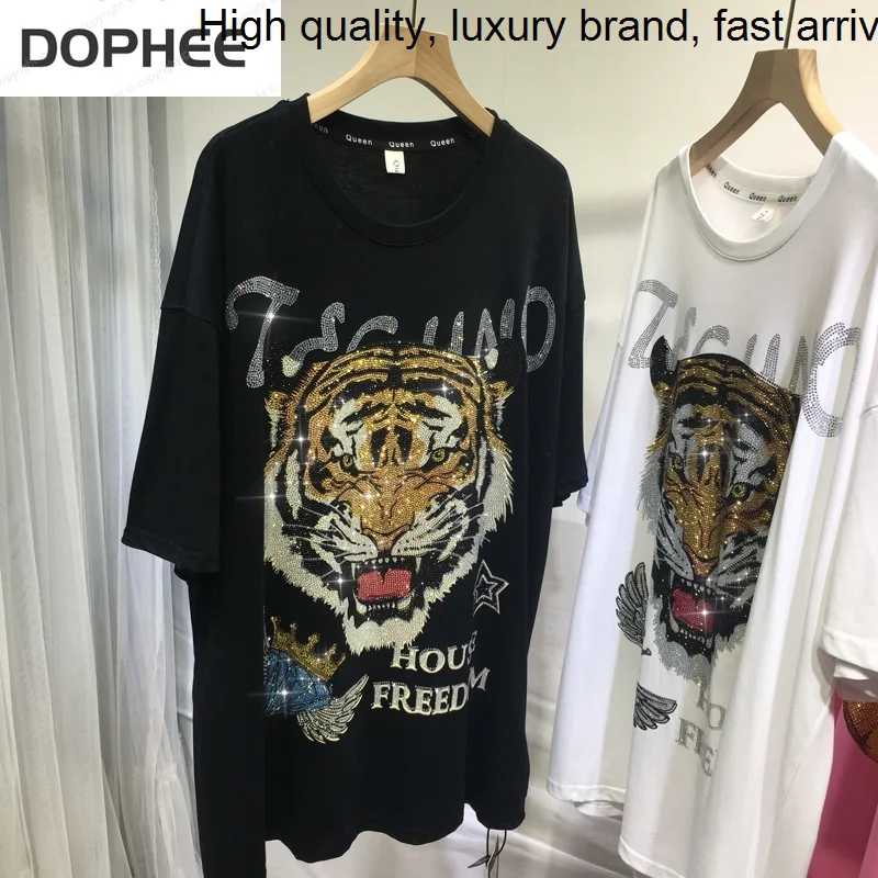 

Hot Domineering Tiger Drilling Short Sleeve T-shirt Women High-end Luxury Oversized Top Mid-long Trendy Cotton Streetwear Tees