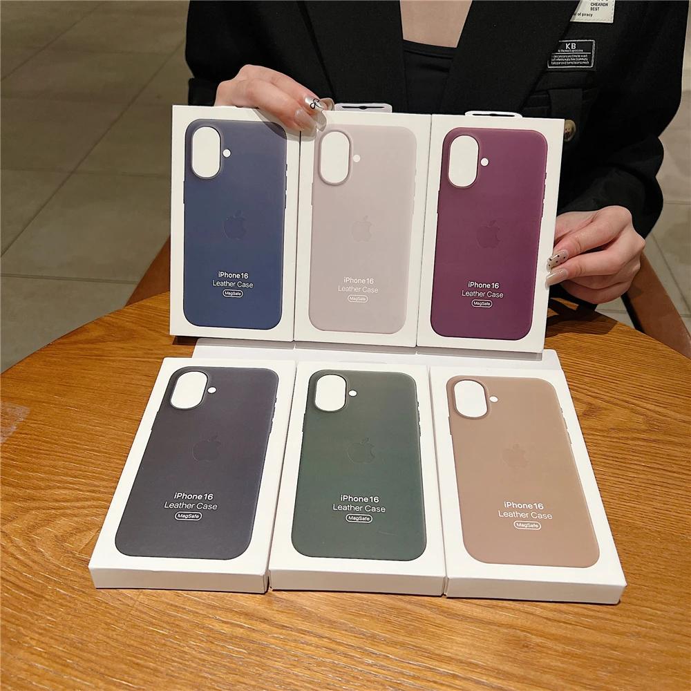 Luxury Leather Apple Logo Magnetic Wireless Charge Case For iPhone 16 Pro Max 16 For Magsafe Solid Color With Box Phone Cover