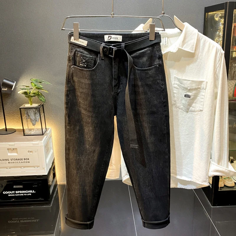 

- роскошные американские элитные модные черные джинсы, мужские узкие осенние новые стильные крутые повседневные длинные брюки с поясом