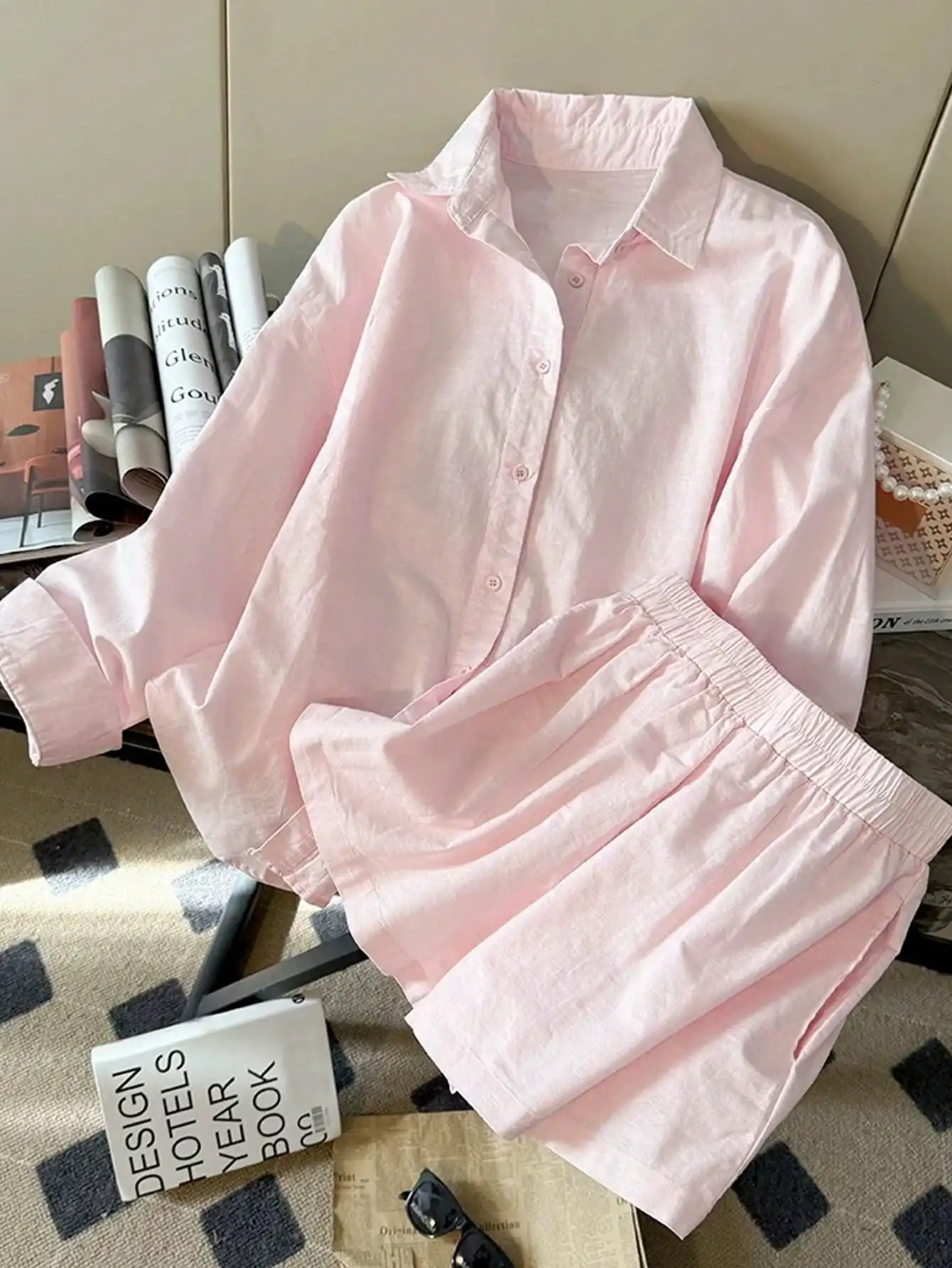 

Pink Linen 2-Piece Set: Loose Long Sleeve Button-Up Shirt & Elastic Waist Shorts
