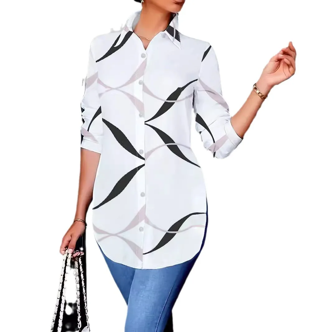 Casual Print Long Shirt Blouse Women Fashion Button Long Sleeve Shirts For Women 2024 Elegant Slim Irregular Autumn Winter Tops