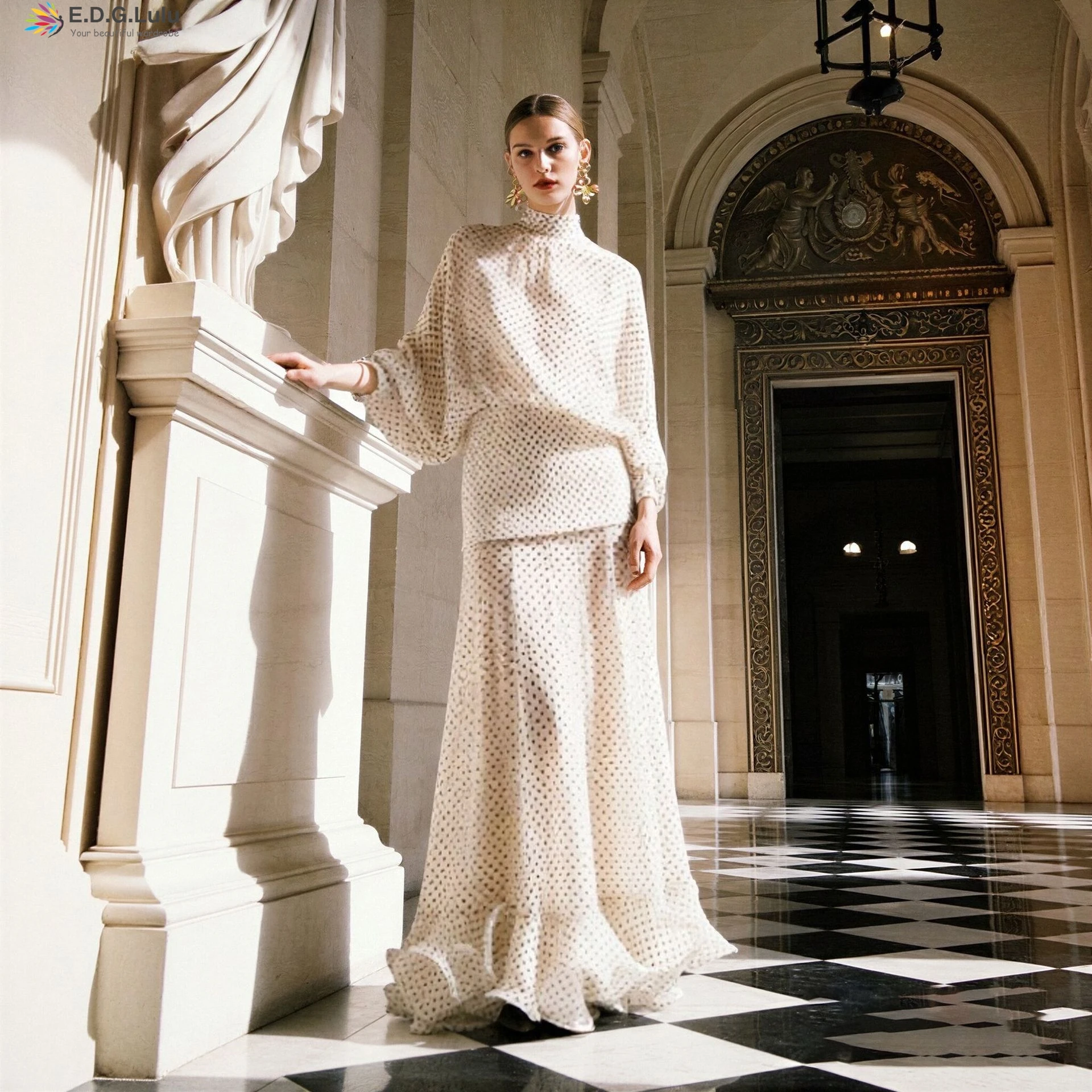 EDGLuLu Two Piece Set Woman Stand Up Collar Long Sleeved Short Top+High Waisted Fishtail Skirt Chiffon Suit New 0817