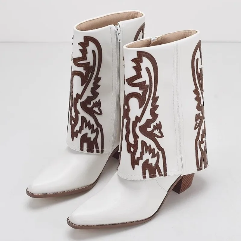 

Autumn Retro Totem Design Ankle Boots Women Fashion Sewing Side Zipper Chunky Heel Boots Comfortable Waterproof Platform Boots