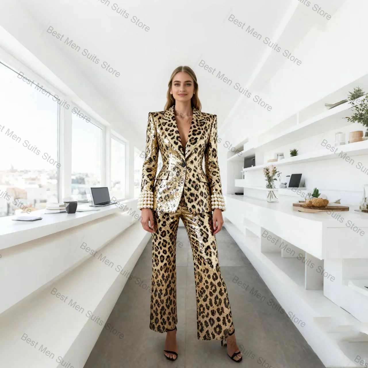 

Леопардовый женский костюм с блестками, комплект из 2 предметов, пиджак с жемчугом + брюки, официальная офисная куртка, индивидуальное пальто для свадьбы, гостей, вечеринки, выпускного вечера, брюки