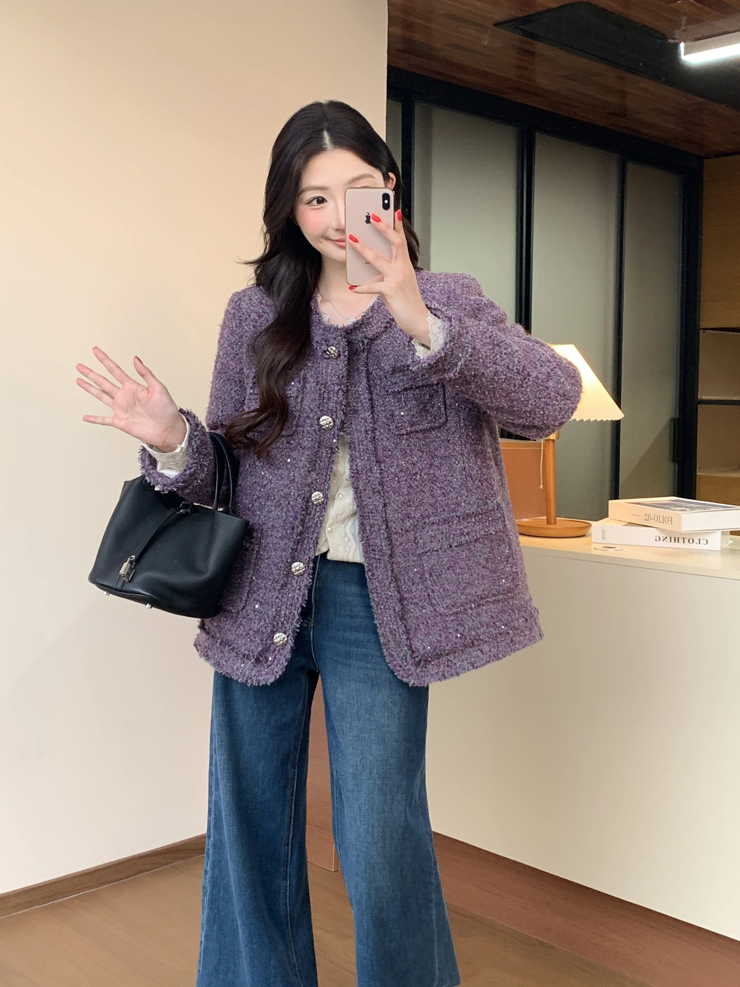 

Purple Women's down Jaet 90% White Du down Coat Ele Warmth Ci Casual Sle Long Sve round Ne Coat