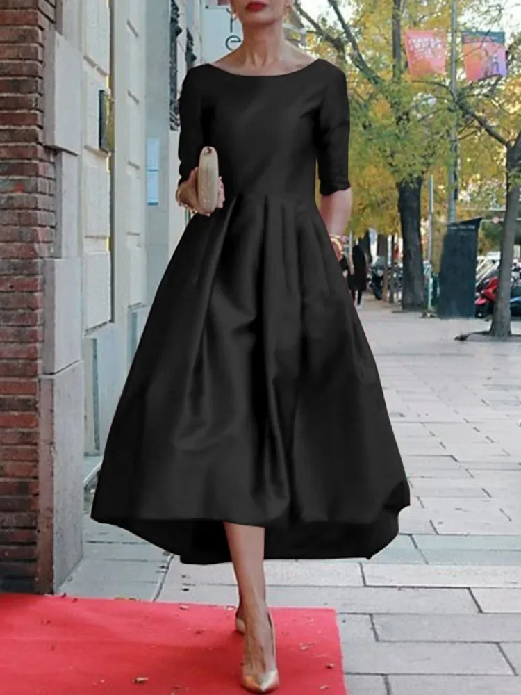 Missuoo 2024 New Women's Elegant A-line Dress Round Neck Three-quarter Sleeve High Waist Pleated Party Dresses Solid Color Dress