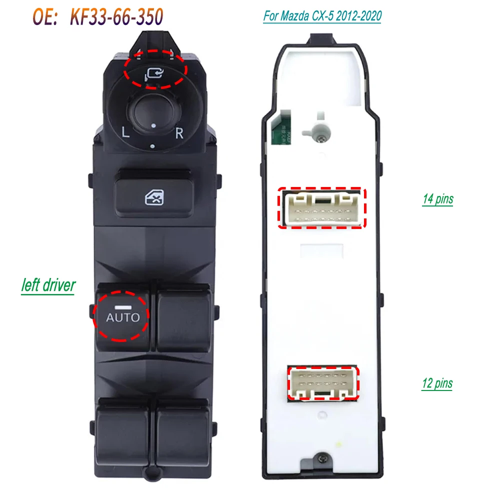 

KF33-66-350 For Mazda CX-5 2012 2013 2014 2015 2016 2017-2020 Electric Power Window Lifter Switch Control Button KF3366350A