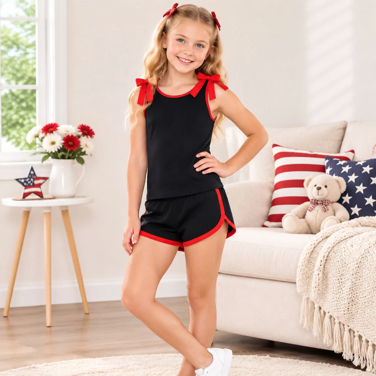 Baby Girl Boutique Clothes Sets Children Cheerleading Clothing Black Red Bows Sleeveless Tops Elastic Waist Shorts Set Wholesale