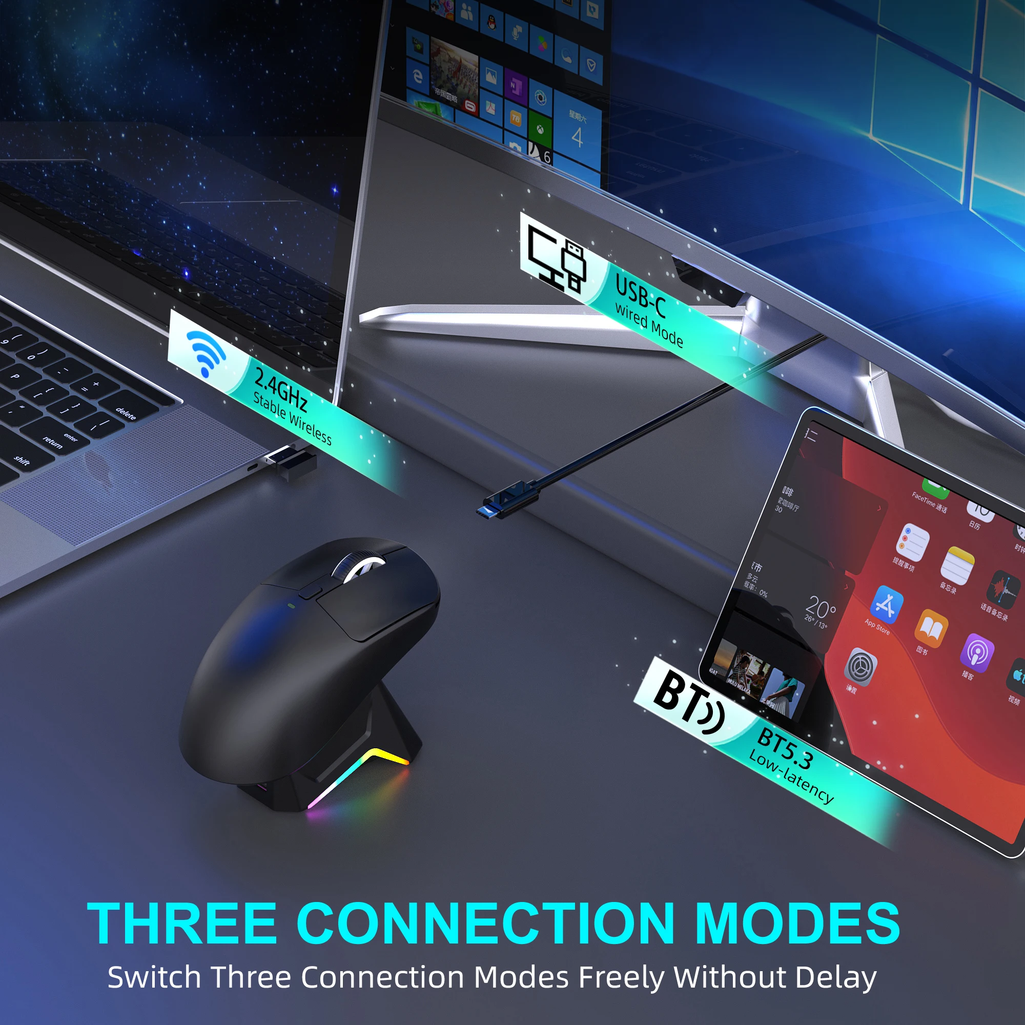 T10PRO 3‑Mode Gaming Mouse 58g Ultra‑light 12000DPI HUYU 50M Click Wireless Mouse With RGB Charging Dock For Laptop PC Gamer view 6