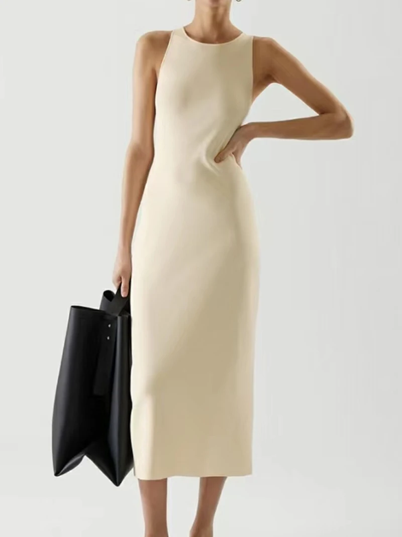 Vestido largo de punto para mujer, prenda minimalista elegante sin mangas con cuello redondo, informal, sin mangas, N578