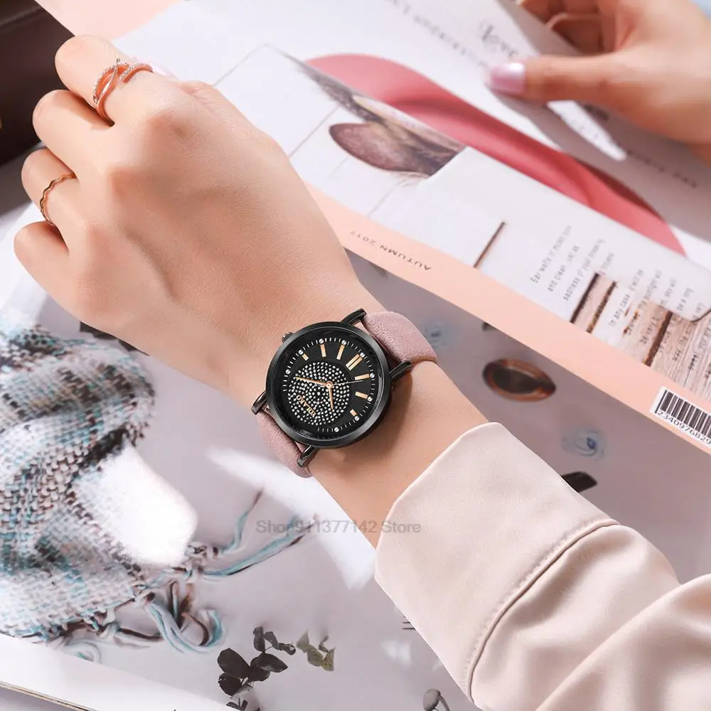 Luxury Women\'s Fashion Exquisite Watches Ladies Full Star With Diamonds Design Wristwatches Vintage Leather Female Dress Watch