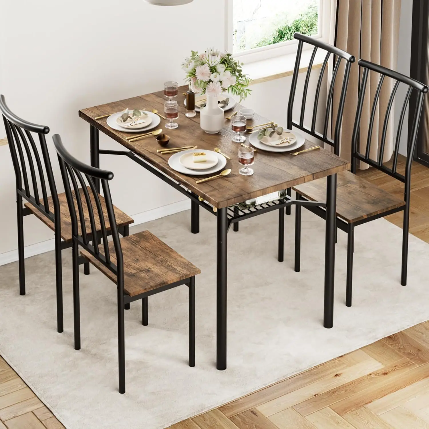 Mesa de Cocina con 4 Sillas, Juego de Comedor de Madera con Estante de Almacenamiento para el Hogar, Cocina, Comedor, Marrón Rústico