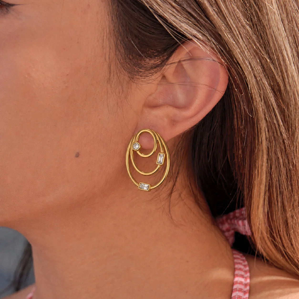 Stainless steel three-layer nested elliptical stud earrings ladder square zircon geometric hollow gold and silver two-color earr