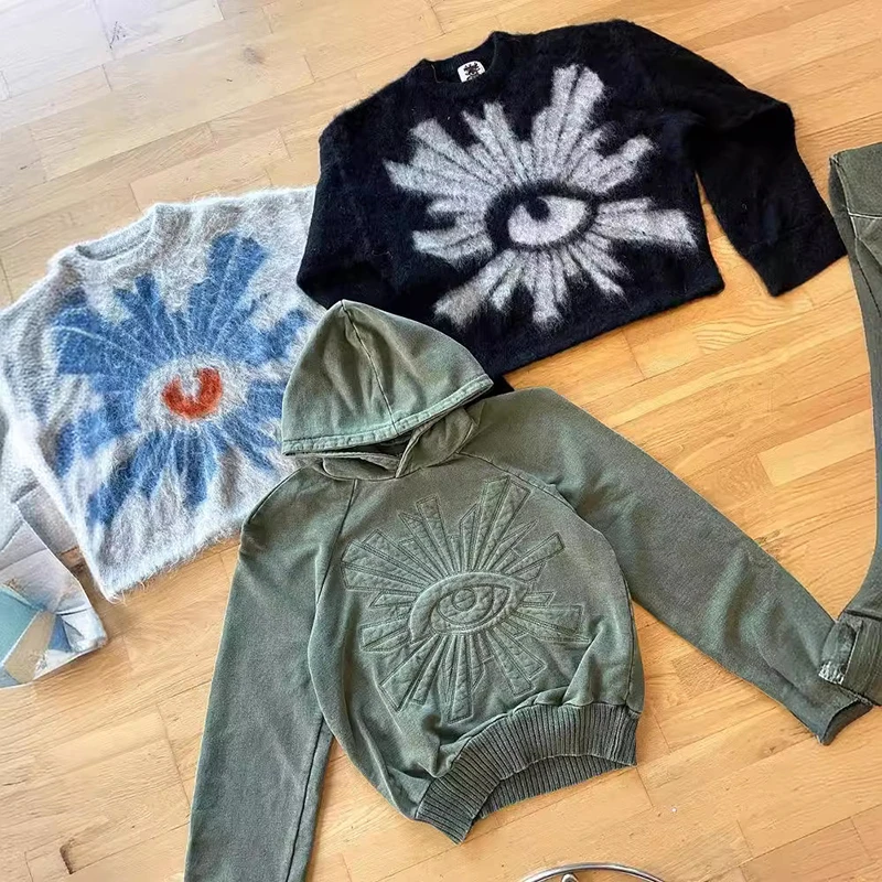 2024 dipersonalisasi mata Jacquard mewah rajutan leher bulat uniseks Hoodie longgar High Street pria Sweater