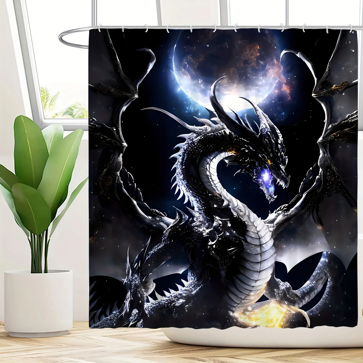 

1pc Shower Curtain - Majestic Black Dragon with Celestial Background Design for a Dramatic Bathroom Waterproof