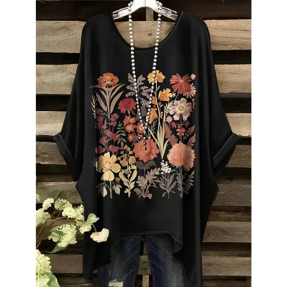 

Women's Bohemian Flower Print T-Shirts Black Colorful Retro Full Body Graphic Y2k T-Shirts Summer Asymmetric Hemp&o- Neck Tops