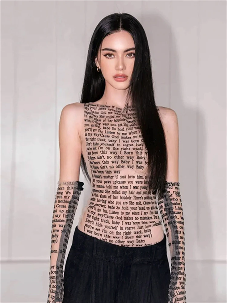 Aualay Spring Letter Print See Through Tops Club Outfit For Women 2024O Neck Sleeveless Mesh Tops Flesh Bodycon Tee Shirt Female