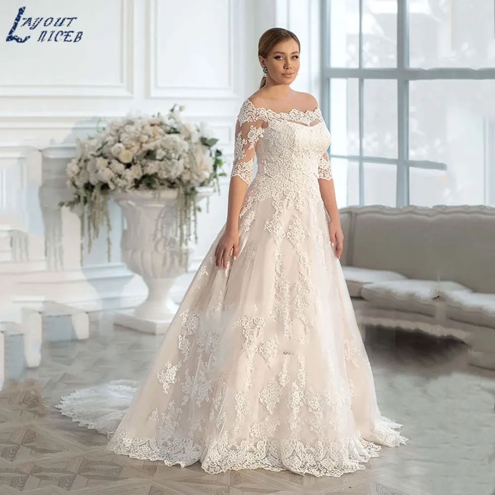 LAYOUT NICEB Sexy Ivory Plus Size Vestidos De Casamento 2024 Simples Três Quartos Mangas De Noiva Vestidos De Novia Lace A-Line Vestidos De NoviaLAYOUT NICEB Sexy Ivory Plus Size Vestidos De Casamento 2024 Simples Três