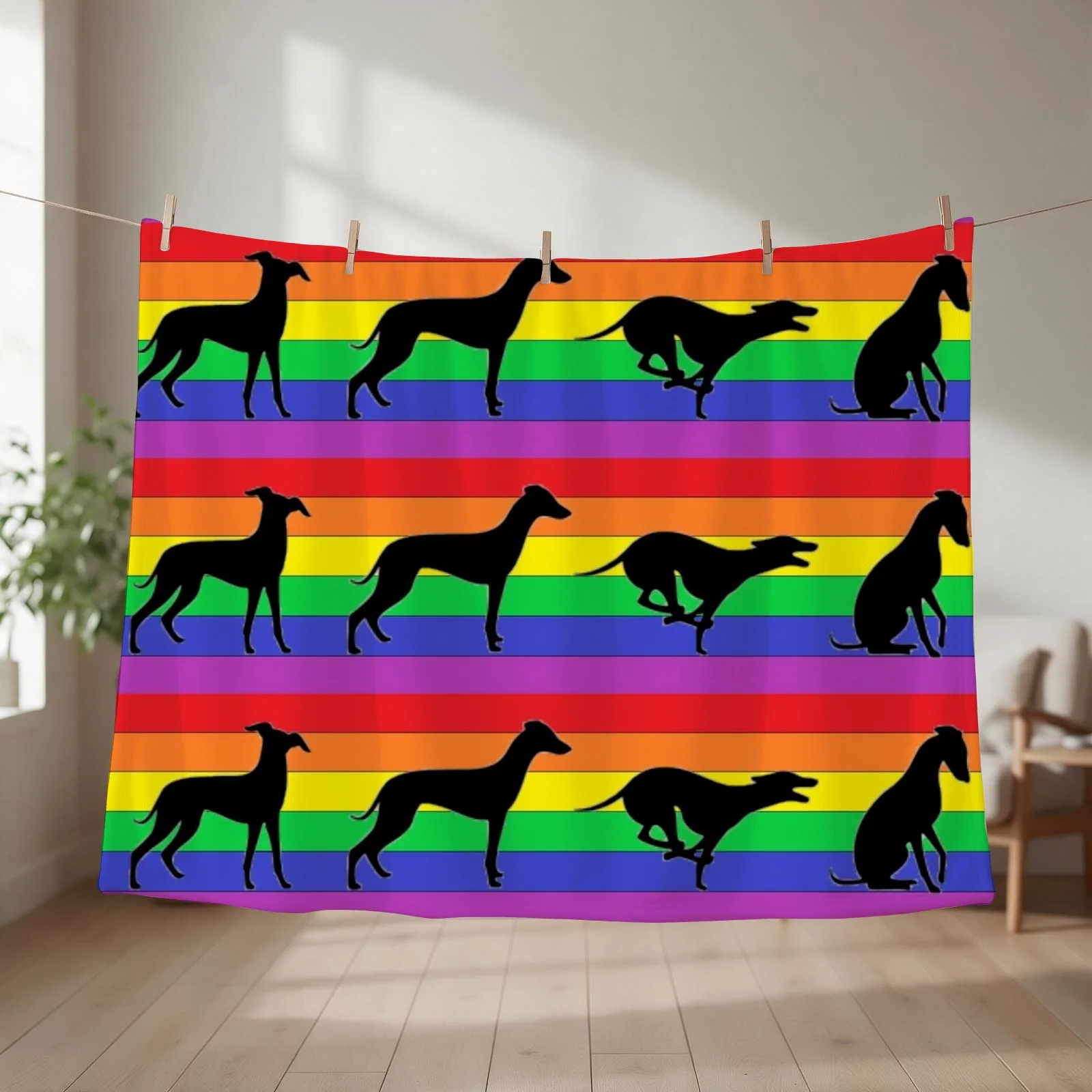 Greyhound with a Rainbow Throw Blanket couch cozy soft plush fuzzy picnic outdoor blanket