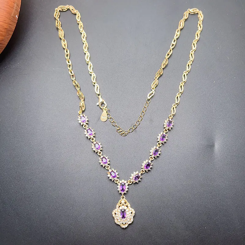 Genuine Amethyst Pendant Neckalce for Vacation 3*4mm Natural Amethyst 925 Silver Necklace with 3 Layers 18K Gold Plating